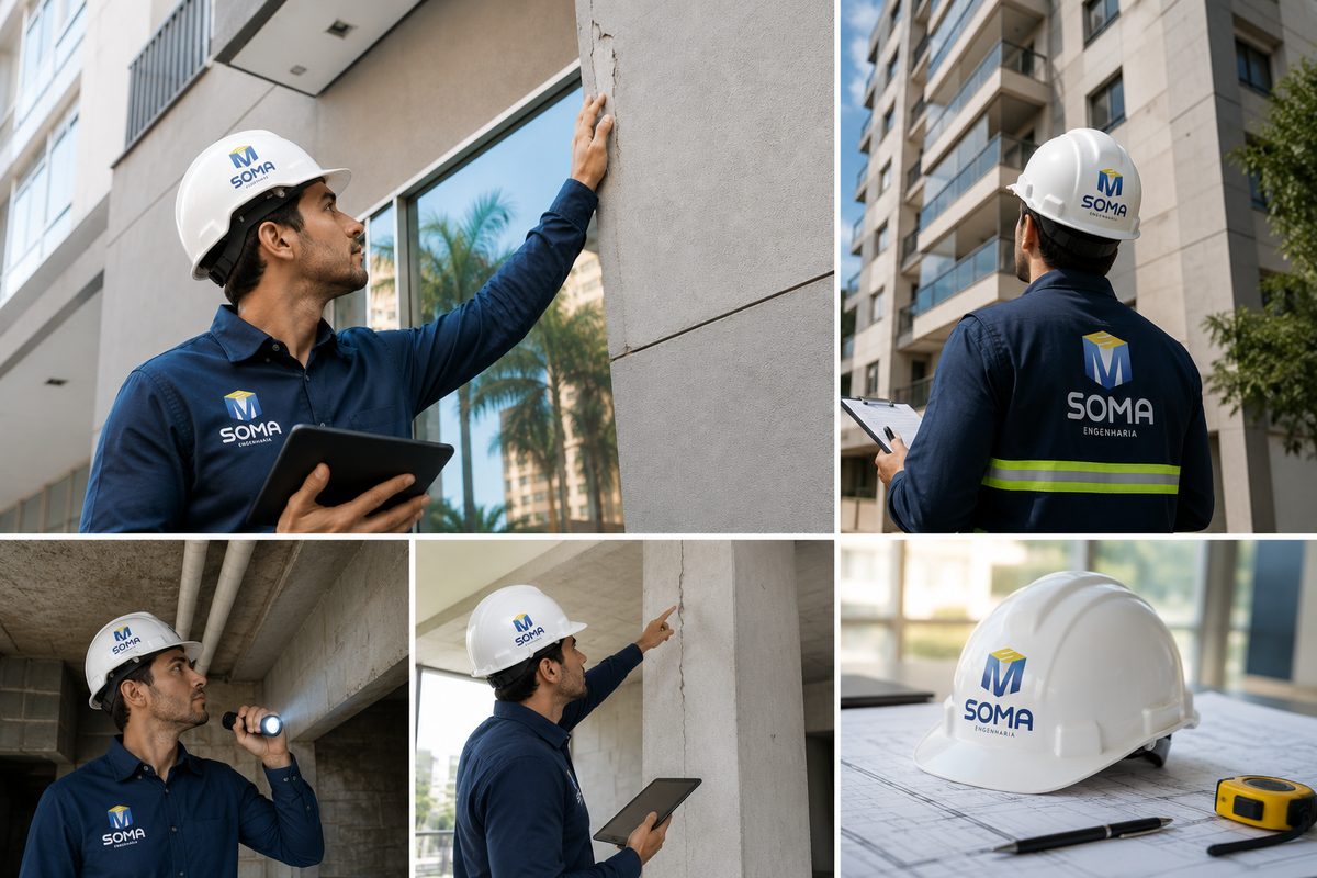Engenheiro realizando inspeção predial em obra
